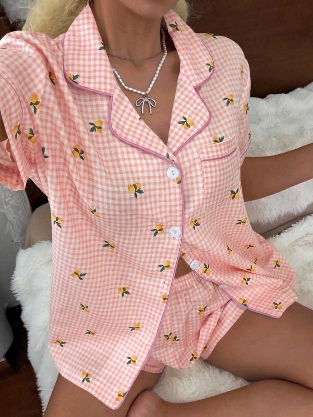 Pink Women's Lemon Plaid Print Button-Down top and Shorts Pajama Set